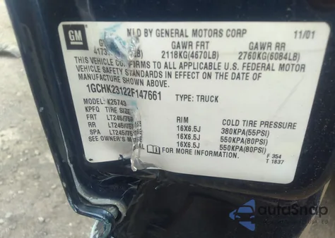 2002 Chevrolet Silverado 2500Hd Ls from USA, damaged, VIN 1GCHK23122F147661